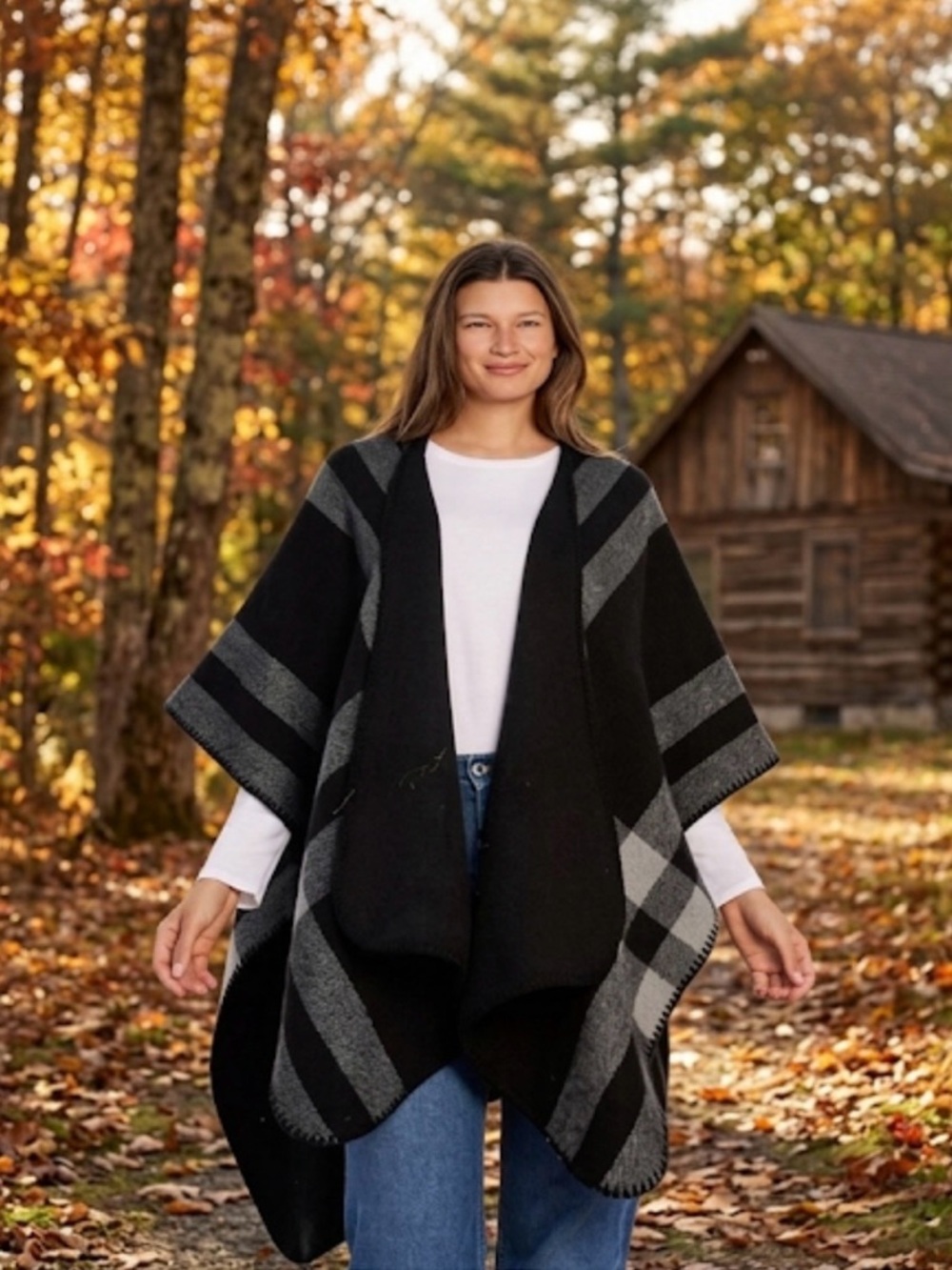 WOOLRICH Reversible Blanket Wrap, Acrylic, Women’s One Size, Black Gray